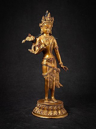 Lokeshwor bronze statue from Nepal on lotus base with crown and jewellery, full view