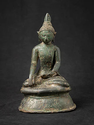Burmese bronze Buddha statue, seated front view in bhumisparsha mudra