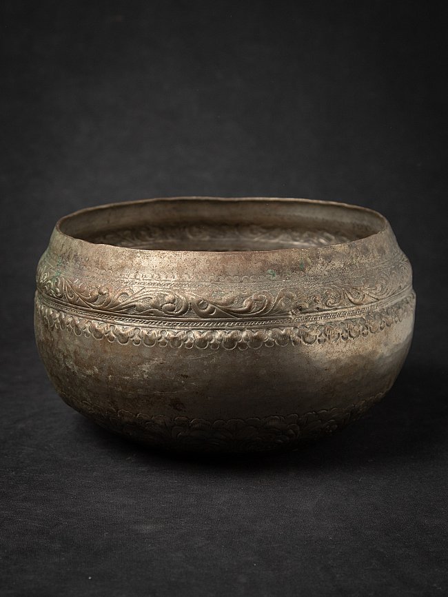 Silver-plated offering bowl from Burma (Myanmar), early 20th century, full side view