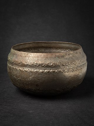 Silver-plated offering bowl from Burma (Myanmar), early 20th century, full side view