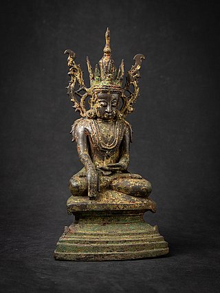 Burmese bronze Buddha statue seated, full view with traces of gilding and green corrosion