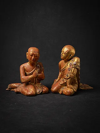 Antique pair of wooden Burmese Monk statues