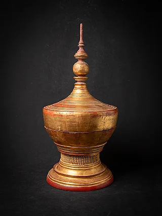 Antique gilded wooden Burmese offering vessel in Shan style, full view with lid