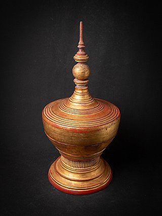 Antique wooden offering vessel from Burma (Myanmar), full view with closed lid