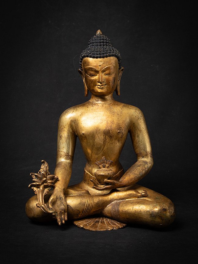Nepalesische Medizinbuddha-Bronzestatue sitzend, Vorderansicht mit Schale in der Hand