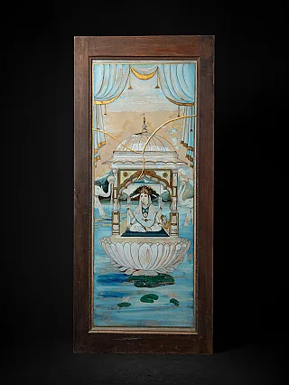 Reversed-glass painting of Lakshmi in a wooden frame, full front view