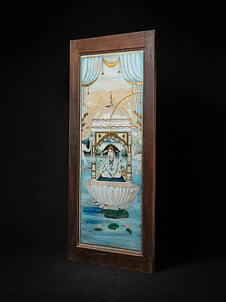 Lakshmi reversed-glass painting in wooden frame, three-quarter right view