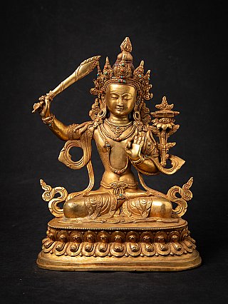Nepali Manjushri bronze statue, full front view seated with sword and lotus stem