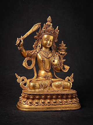 Manjushri bronze statue from Nepal, full front view with jeweled crown and ornaments