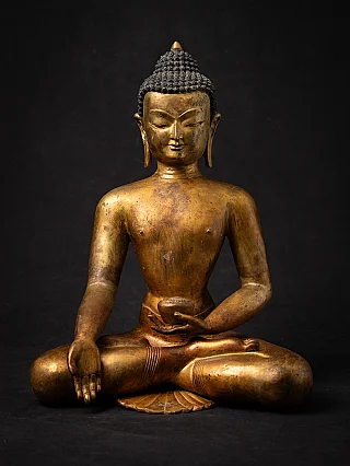 Nepali bronze Buddha statue seated, full front view with varada mudra and bowl in left hand