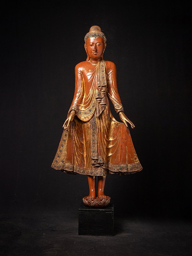 Burmese Mandalay wooden Buddha statue, full front view on black display base