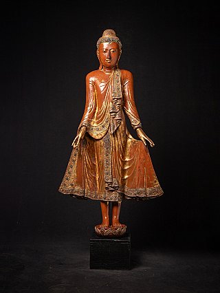 Burmese Mandalay wooden Buddha statue, full front view on black display base