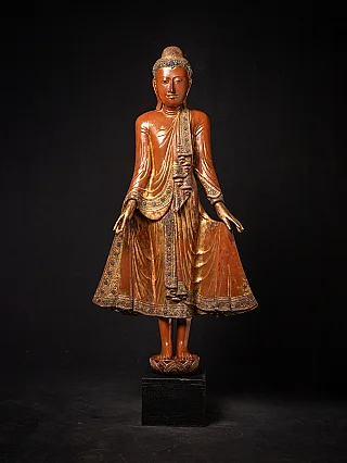 Burmese Mandalay wooden Buddha statue, full front view on black display base