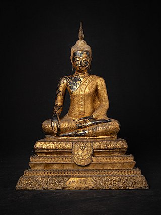 Thai bronze Buddha statue seated in Bhumisparsha mudra, full front view on tiered base