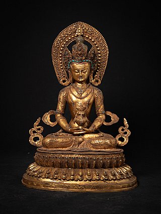 Amitabha Buddha statue in bronze from Nepal, full front view seated on lotus base with halo