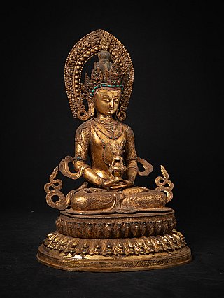 Sitzende Amitabha-Buddha-Statue aus Nepal in Bronze, Dreiviertelansicht mit Dhyana-Mudra