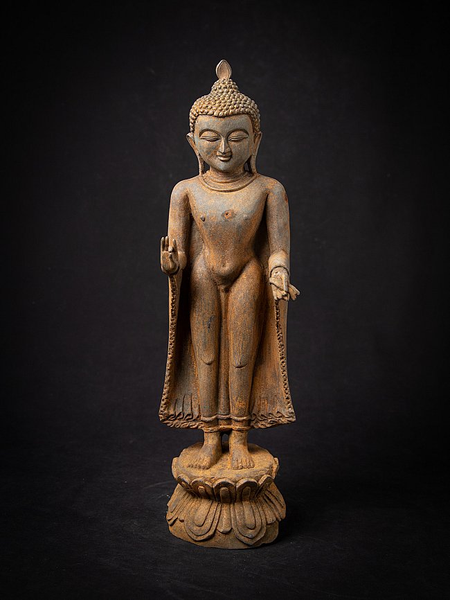 Buddha statue in bronze from Burma, full-front view on lotus base with Vitarka mudra