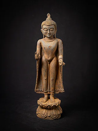 Buddha statue in bronze from Burma, full-front view on lotus base with Vitarka mudra