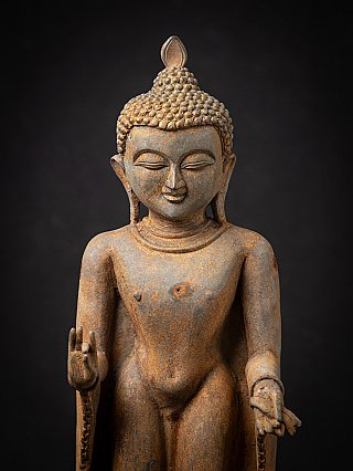Bronze Buddha from Burma, face and chest detail with raised Vitarka hand