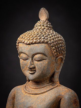 Burmese bronze Buddha head, three-quarter close-up with ear and hair curls