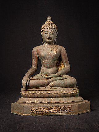 Thai bronze Buddha statue seated in bhumisparsha mudra, full front view on base