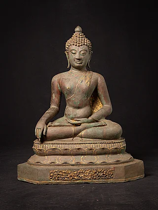 Thai bronze Buddha statue seated in bhumisparsha mudra, full front view on base