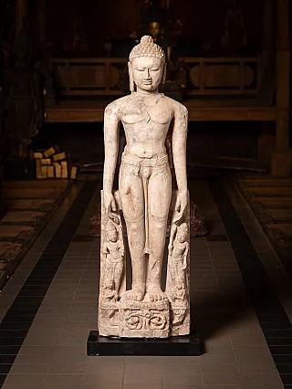 Marble Jain Tīrthaṅkara statue from India, full front view standing on carved base