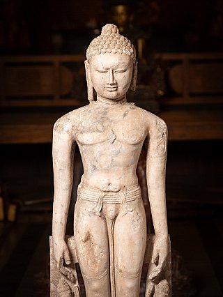 Marmeren Jain Tīrthaṅkara, frontaal detail van het bovenlichaam met handen langs het lichaam