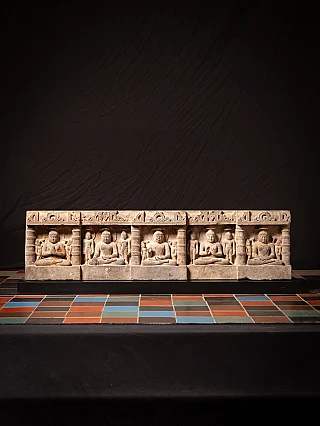 Indian Buddha panel with five seated Buddhas, full front view on black base
