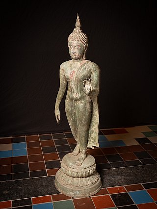 Large old bronze standing Thai Buddha statue