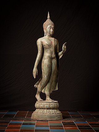 Large old bronze standing Thai Buddha statue
