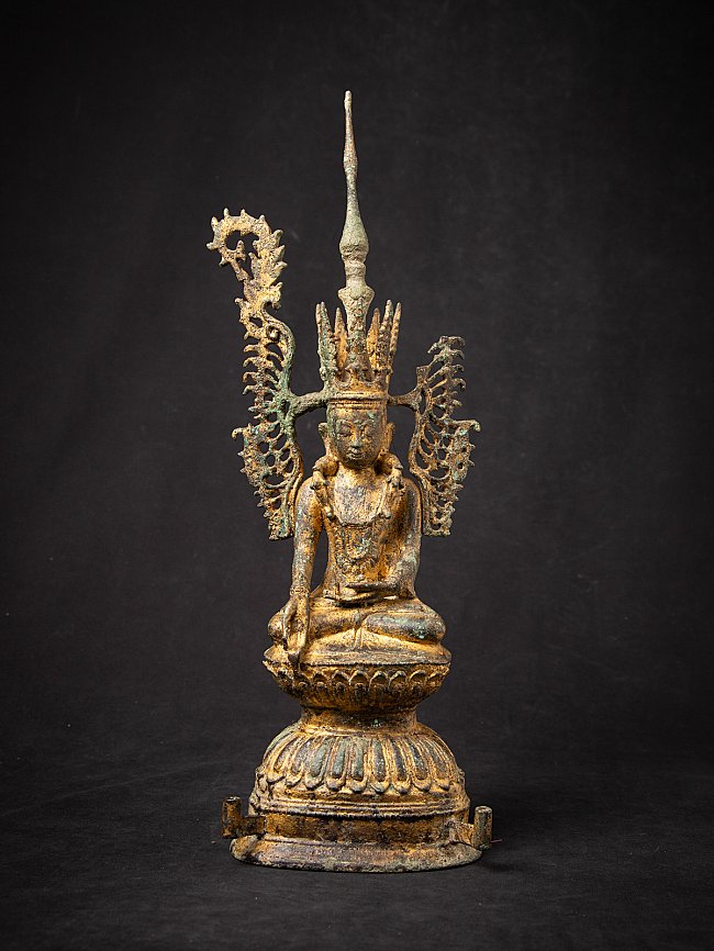 Burmese crowned Buddha statue in bronze, seated, full front view with open right hand