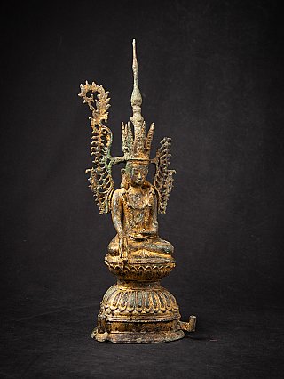 Burmese bronze crowned Buddha statue with pierced halo, full front view