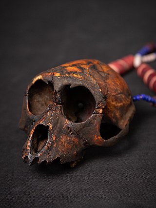Wooden monkey skull on the Naga necklace, three-quarter view showing snout and temple area