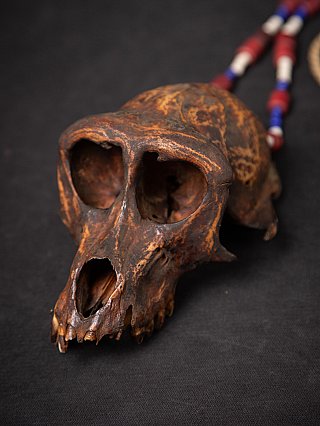 Naga necklace with wooden monkey skull, three-quarter view with teeth visible
