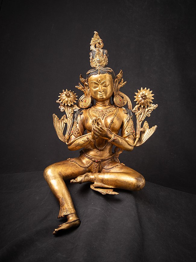 Bronze-Grüne-Tara-Statue aus Nepal, sitzend in Dharmachakra-Mudra, frontal