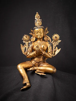 Bronze-Grüne-Tara-Statue aus Nepal, sitzend in Dharmachakra-Mudra, frontal