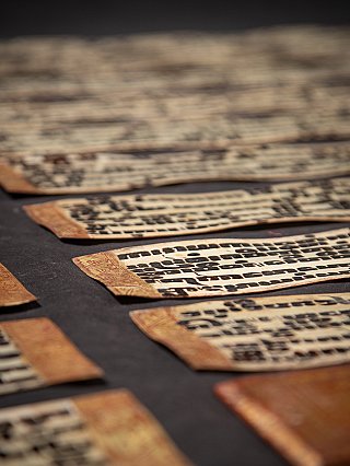 Angled view across several manuscript leaves with blurred background