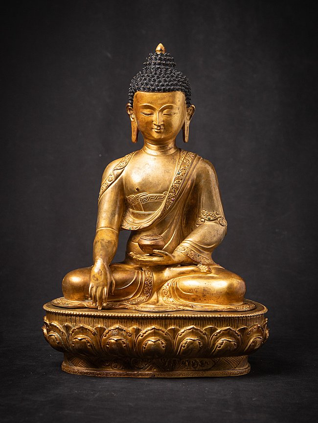 Nepalesische Buddha-Statue aus Bronze, sitzend in Bhumisparsha-Mudra, Frontalansicht