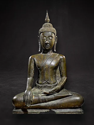 Ayutthaya bronze Buddha statue from Thailand, seated front view in bhumisparsha mudra