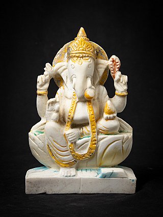 Ganesha statue in Indian marble, seated with gold-painted details, full front view