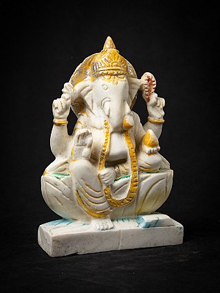 Marble Ganesha statue from India with gold-painted ornament, angled front view
