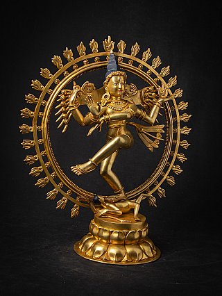 Shiva Nataraja statue in gilded bronze, three-quarter view framed by flame halo