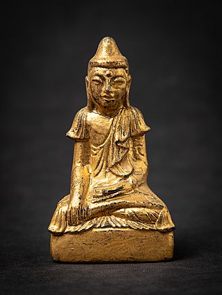 Burmese wooden Buddha statue, seated in bhumisparsha mudra, full front view