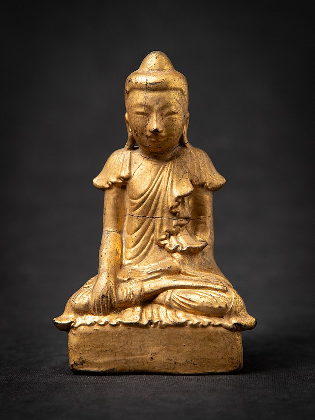 Burmese wooden Buddha statue in Shan style, seated in bhumisparsha mudra, full front