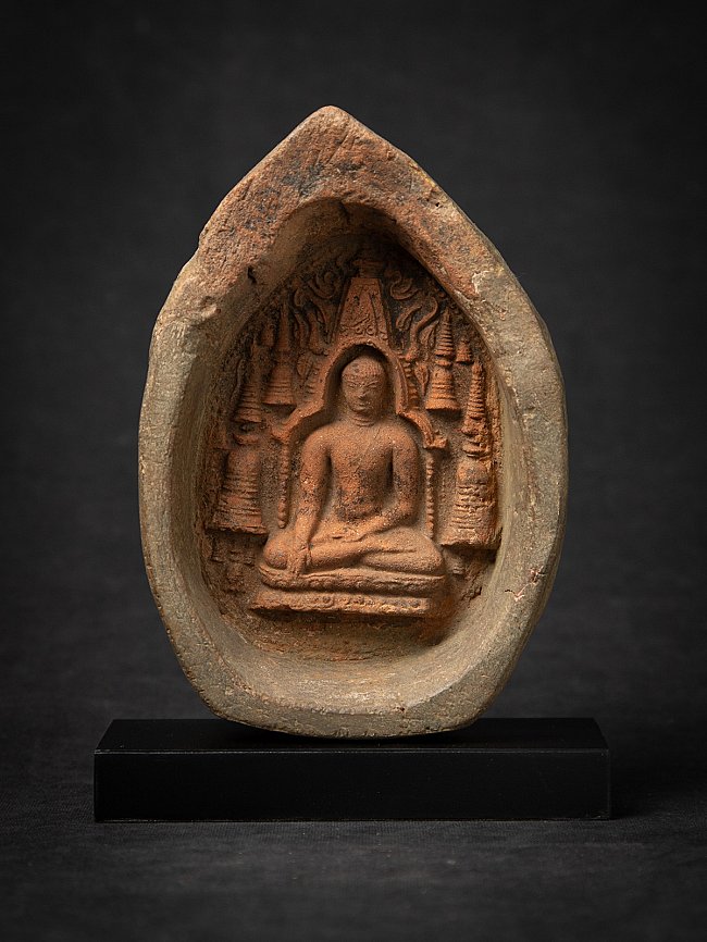 Bagan votive tablet from Burma (Myanmar) with seated Buddha relief in niche, full front view