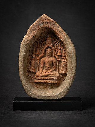 Bagan votive tablet from Burma (Myanmar) with seated Buddha relief in niche, full front view