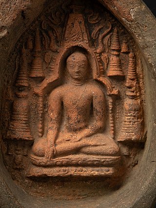 Close-up of the seated Buddha relief on the Bagan votive tablet from Burma (Myanmar)