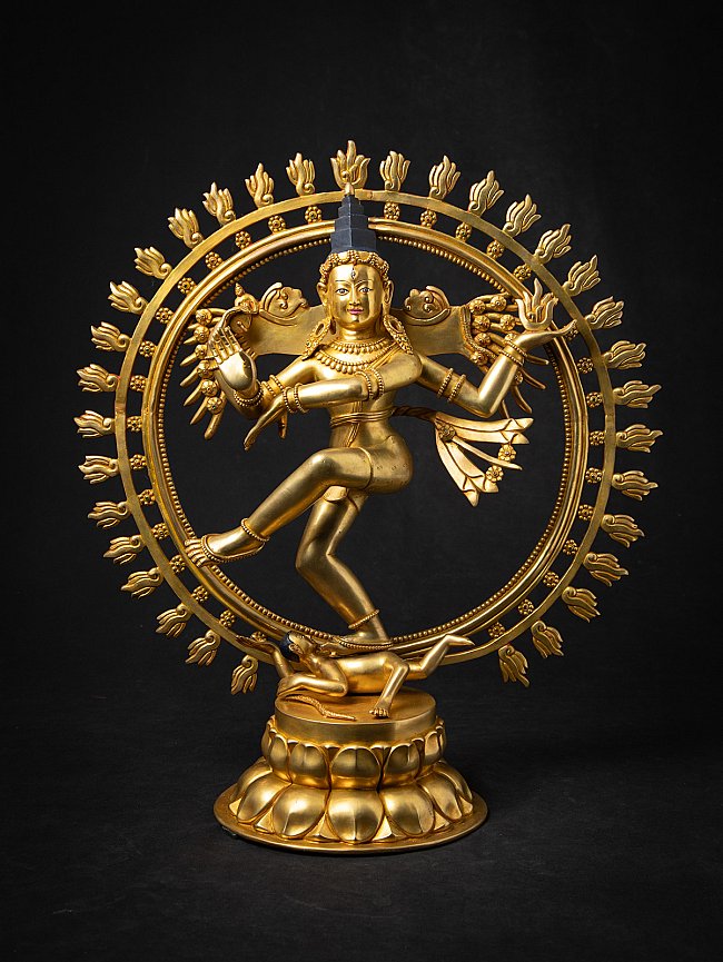 Gilded bronze Shiva Nataraja statue from Nepal, full front view with flame halo