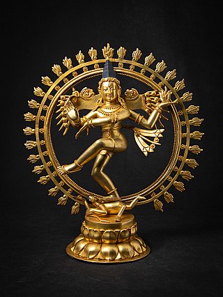 Gilded bronze Shiva Nataraja statue from Nepal, full front view with flame halo